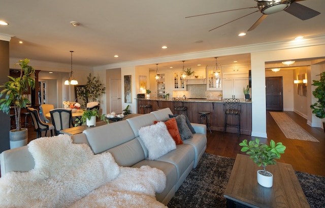 101 Harbor Greene Dr Unit W705, Bellevue, KY 41073 - living area with ceiling fan, recessed lighting, dark wood-type flooring, crown molding, and a chandelier