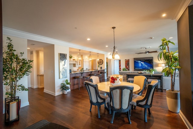 101 Harbor Greene Dr Unit W705, Bellevue, KY 41073 - dining space with ornamental molding, dark wood-style floors, baseboards, recessed lighting, and ceiling fan