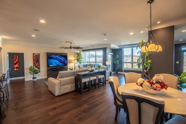 101 Harbor Greene Dr Unit W705, Bellevue, KY 41073 - dining space with ornamental molding, recessed lighting, baseboards, dark wood-style floors, and ceiling fan