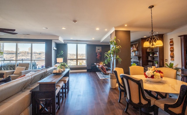 101 Harbor Greene Dr Unit W705, Bellevue, KY 41073 - living room with ornamental molding, dark wood-style floors, a chandelier, recessed lighting, and ceiling fan