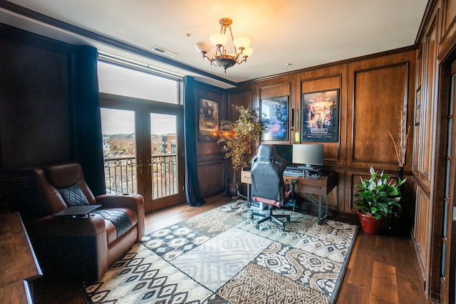 101 Harbor Greene Dr Unit W705, Bellevue, KY 41073 - office area featuring french doors, wood finished floors, and a chandelier