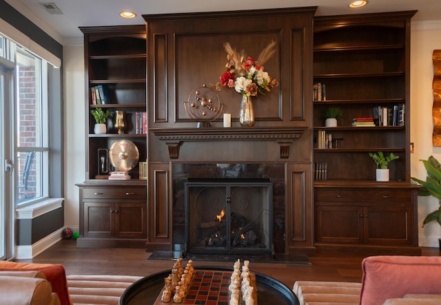 101 Harbor Greene Dr Unit W705, Bellevue, KY 41073 - living area featuring ornamental molding, a high end fireplace, dark wood-style flooring, baseboards, and recessed lighting