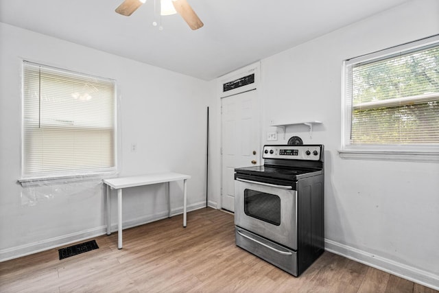 309 Hawthorne St, Covington, KY 41014 - kitchen featuring stainless steel range with electric cooktop, light wood-style floors, ceiling fan, and baseboards