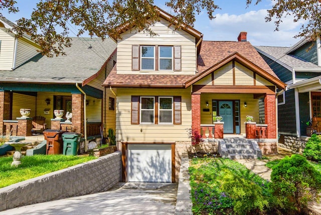 831 Linden Ave, Newport, KY 41071 - craftsman house with a porch, an attached garage, driveway, a shingled roof, and a chimney