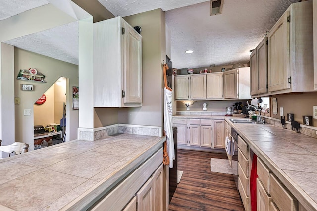 575 Stringtown Rd, Corinth, KY 41010 - kitchen featuring a textured ceiling, tile countertops, dark wood-style flooring, and recessed lighting
