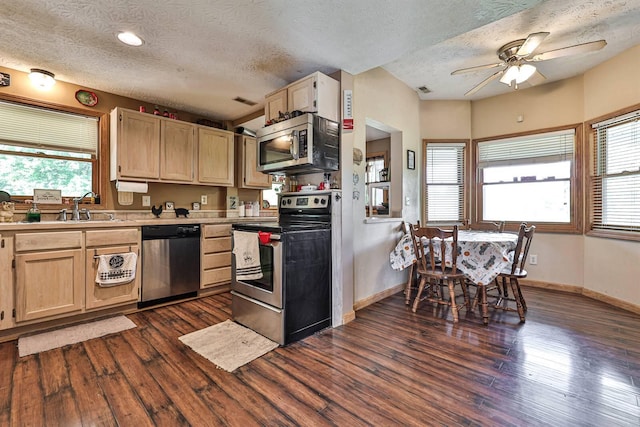 575 Stringtown Rd, Corinth, KY 41010 - kitchen with stainless steel appliances, light brown cabinets, a textured ceiling, ceiling fan, and dark wood-style floors