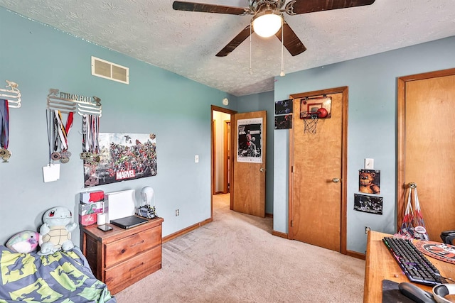 575 Stringtown Rd, Corinth, KY 41010 - carpeted bedroom with a textured ceiling, a ceiling fan, and an office area