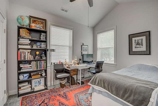805 Ann St, Newport, KY 41071 - carpeted bedroom featuring vaulted ceiling, baseboards, a desk, and a ceiling fan