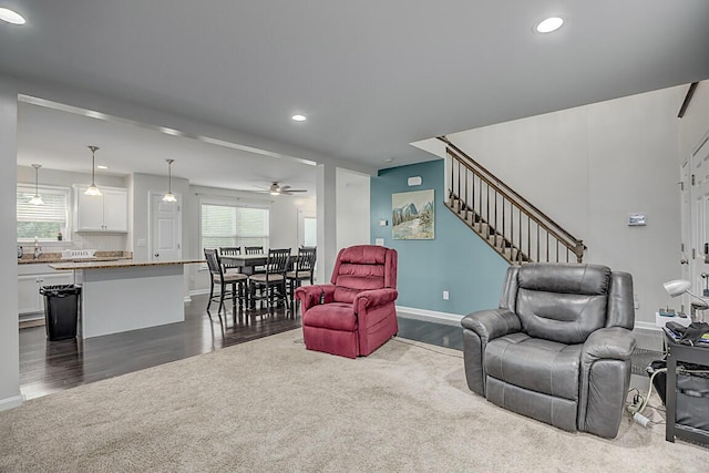 10658 Blooming Ct, Independence, KY 41051 - living room featuring ceiling fan, dark wood finished floors, recessed lighting, plenty of natural light, and stairway
