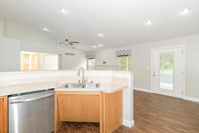 1285 Edinburgh Ln, Union, KY 41091 - kitchen featuring dishwasher, a ceiling fan, dark wood-type flooring, light countertops, and lofted ceiling