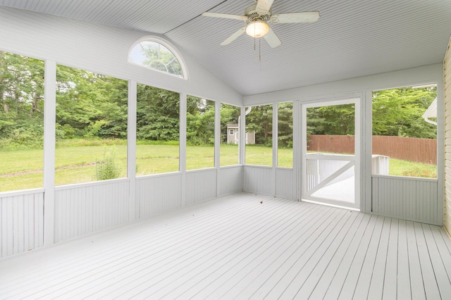 1285 Edinburgh Ln, Union, KY 41091 - unfurnished sunroom with ceiling fan, lofted ceiling, and view of wooded area