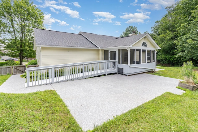 1285 Edinburgh Ln, Union, KY 41091 - back of house with a patio area, a sunroom, a shingled roof, and a chimney