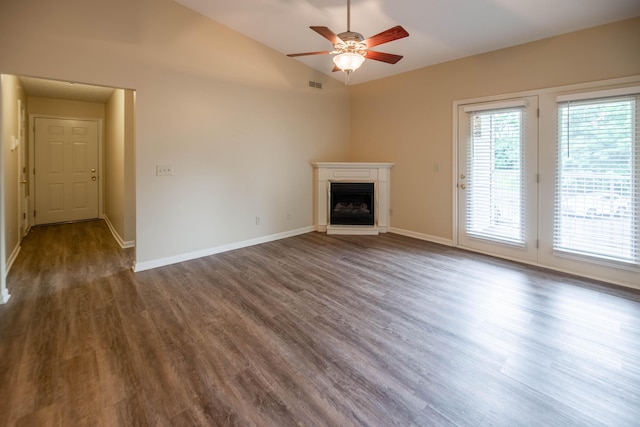 701 Napa Valley Ln Unit 9, Crestview Hills, KY 41017 - unfurnished living room with a fireplace with raised hearth, ceiling fan, wood finished floors, and vaulted ceiling