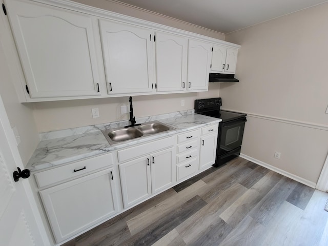 6859 Curtis Way, Florence, KY 41042 - kitchen with black range with electric cooktop, white cabinets, wood finished floors, under cabinet range hood, and light stone countertops