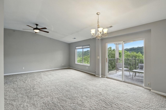 2225 Rolling Hills Dr, Covington, KY 41017 - carpeted spare room with a chandelier, ceiling fan, and vaulted ceiling