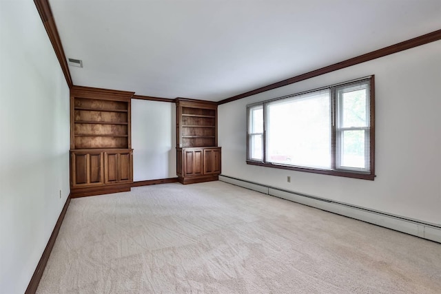 724 Dudley Rd, Edgewood, KY 41017 - unfurnished living room with ornamental molding, baseboard heating, light carpet, and built in shelves