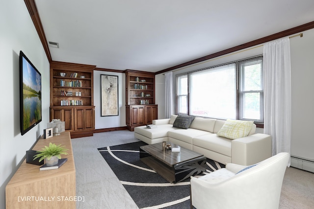 724 Dudley Rd, Edgewood, KY 41017 - living area featuring light colored carpet, built in shelves, a baseboard radiator, and crown molding
