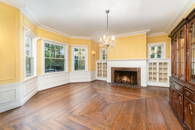 34 Ridge Rd, Fort Mitchell, KY 41011 - unfurnished living room with a decorative wall, a chandelier, a fireplace, and ornamental molding