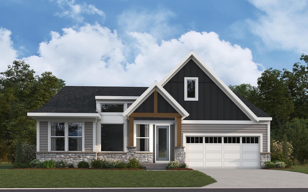 901 Fairbanks Ln, Southgate, KY 41071 - view of front facade featuring stone siding, board and batten siding, a garage, a front lawn, and driveway