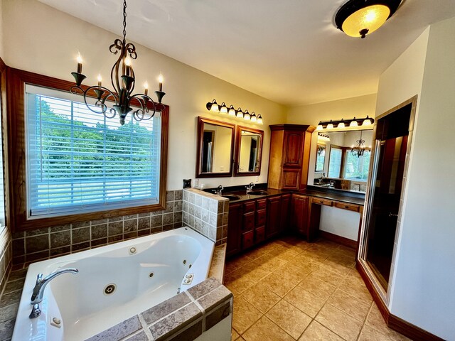 3745 Sweet Owen Rd, Owenton, KY 40359 - full bathroom with a chandelier, double vanity, a tub with jets, tile patterned flooring, and a shower stall