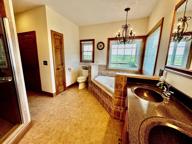 3745 Sweet Owen Rd, Owenton, KY 40359 - bathroom featuring a chandelier, a tub with jets, toilet, double vanity, and tile patterned floors