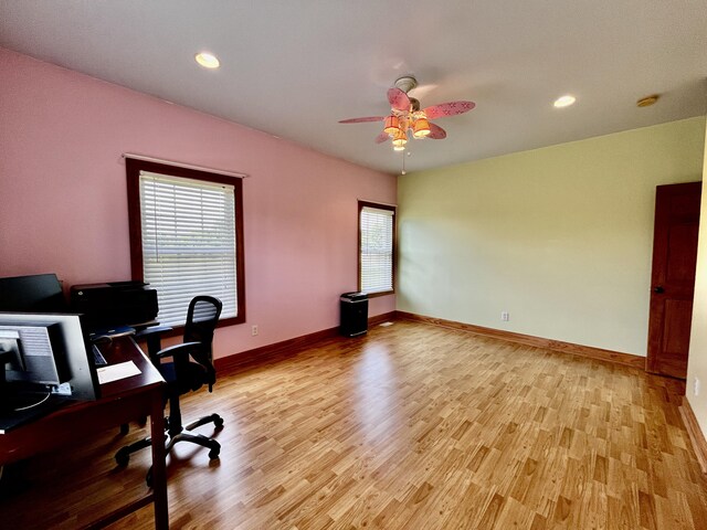 3745 Sweet Owen Rd, Owenton, KY 40359 - office with a ceiling fan, light wood finished floors, baseboards, and recessed lighting