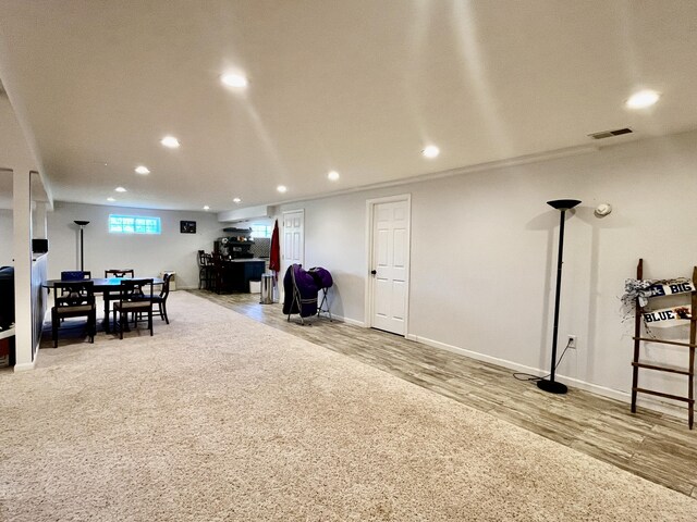 3745 Sweet Owen Rd, Owenton, KY 40359 - rec room with recessed lighting, wood finished floors, baseboards, and crown molding