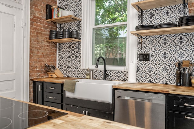 1915 Scott St, Covington, KY 41014 - kitchen with wooden counters, open shelves, stainless steel dishwasher, and dark cabinetry