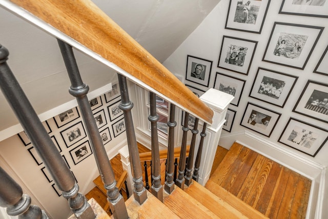1915 Scott St, Covington, KY 41014 - staircase featuring wood finished floors and vaulted ceiling