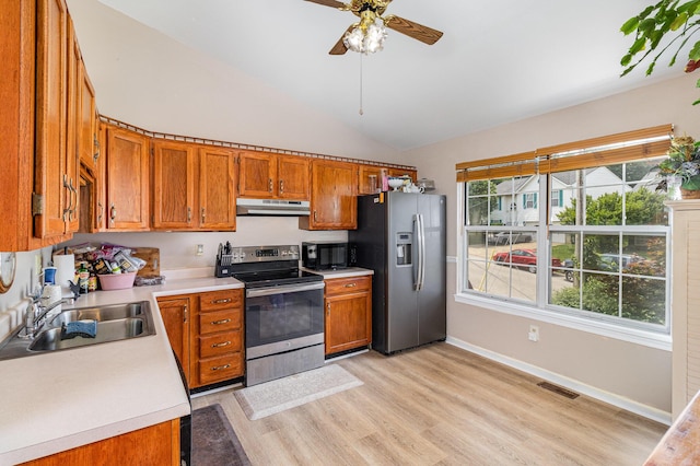 9171 Tamarack Dr, Covington, KY 41017 - kitchen featuring appliances with stainless steel finishes, under cabinet range hood, light countertops, brown cabinets, and light wood-style floors