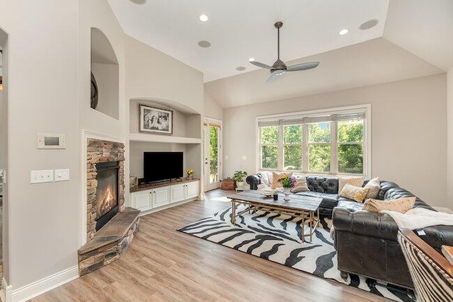 1217 Citation Dr, Union, KY 41091 - living area featuring a ceiling fan, light wood finished floors, a fireplace, recessed lighting, and high vaulted ceiling