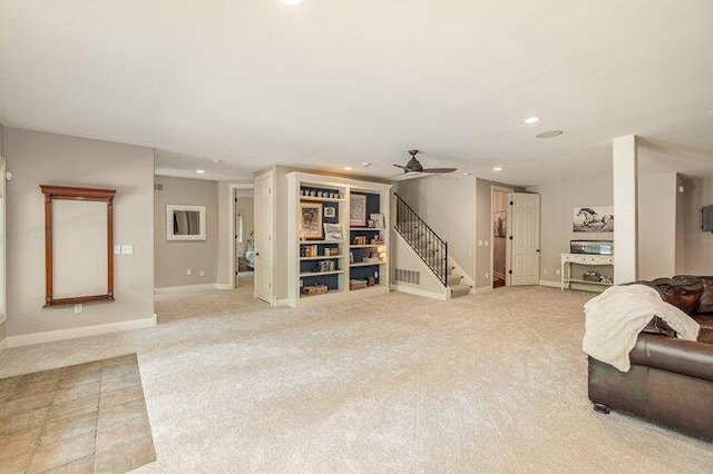 1217 Citation Dr, Union, KY 41091 - living room with light colored carpet, a ceiling fan, stairs, and recessed lighting