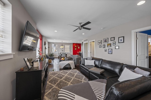 202 W 13th St, Newport, KY 41071 - living area with a ceiling fan, recessed lighting, and wood finished floors