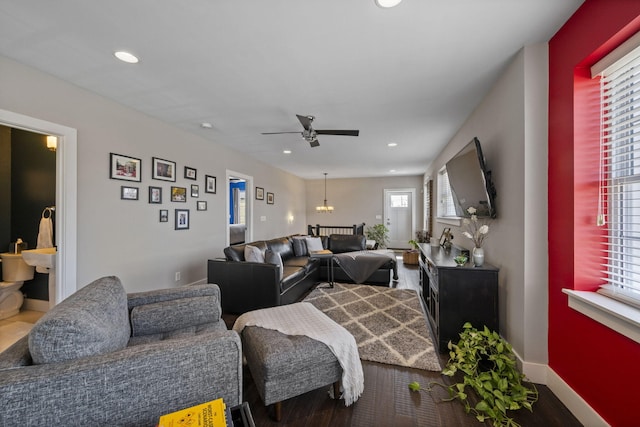 202 W 13th St, Newport, KY 41071 - living area featuring healthy amount of natural light, recessed lighting, wood finished floors, and a ceiling fan