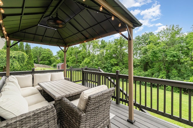 8202 Heatherwood Dr, Florence, KY 41042 - wooden deck with outdoor lounge area, a yard, a storage shed, a gazebo, and view of scattered trees