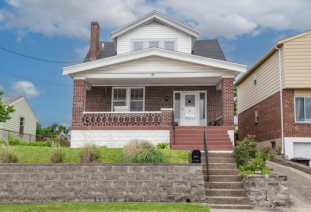 61 Biehl St, Newport, KY 41071 - view of front of house with covered porch, brick siding, a chimney, roof with shingles, and stairs