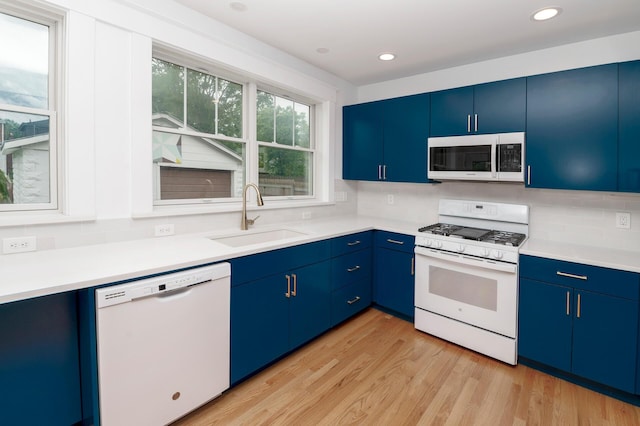 61 Biehl St, Newport, KY 41071 - kitchen featuring white appliances, blue cabinetry, backsplash, and recessed lighting