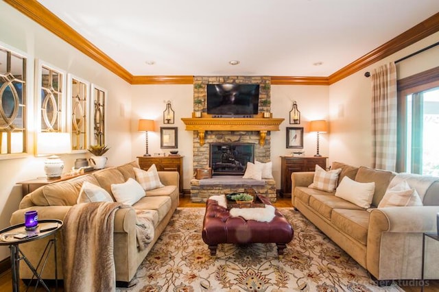 2507 Woodstone Way, Villa Hills, KY 41017 - living room featuring a fireplace, ornamental molding, and wood finished floors