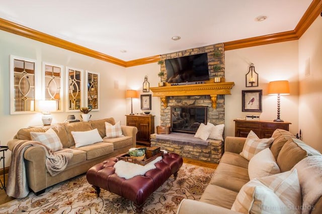 2507 Woodstone Way, Villa Hills, KY 41017 - living room featuring crown molding, wood finished floors, and a fireplace