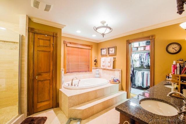 2507 Woodstone Way, Villa Hills, KY 41017 - bathroom featuring a bath, a stall shower, ornamental molding, tile patterned floors, and double vanity