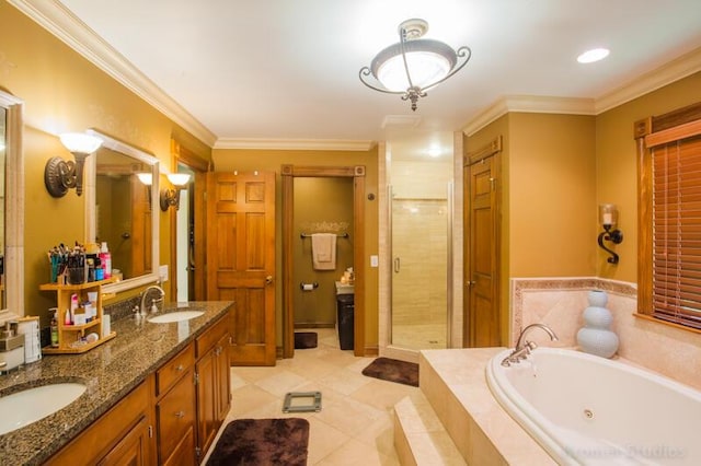2507 Woodstone Way, Villa Hills, KY 41017 - full bath featuring a tub with jets, a shower stall, double vanity, tile patterned flooring, and crown molding