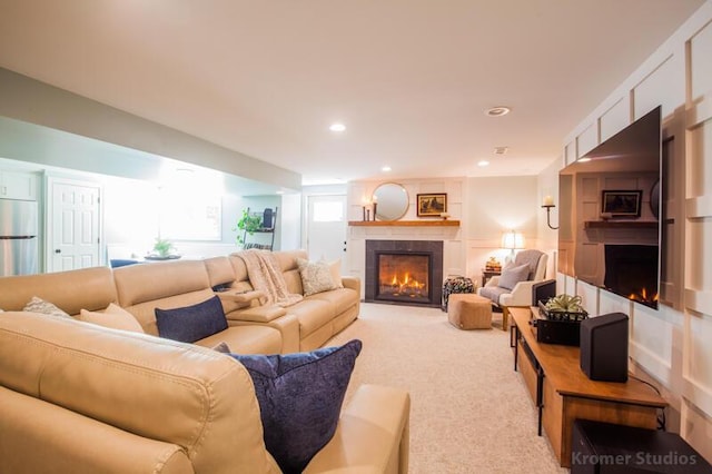 2507 Woodstone Way, Villa Hills, KY 41017 - living area with a tiled fireplace, light colored carpet, and recessed lighting