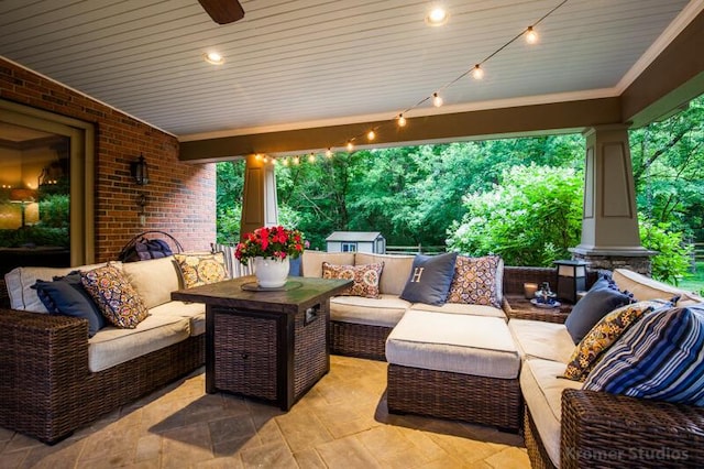 2507 Woodstone Way, Villa Hills, KY 41017 - view of patio featuring outdoor lounge area, a shed, and a ceiling fan