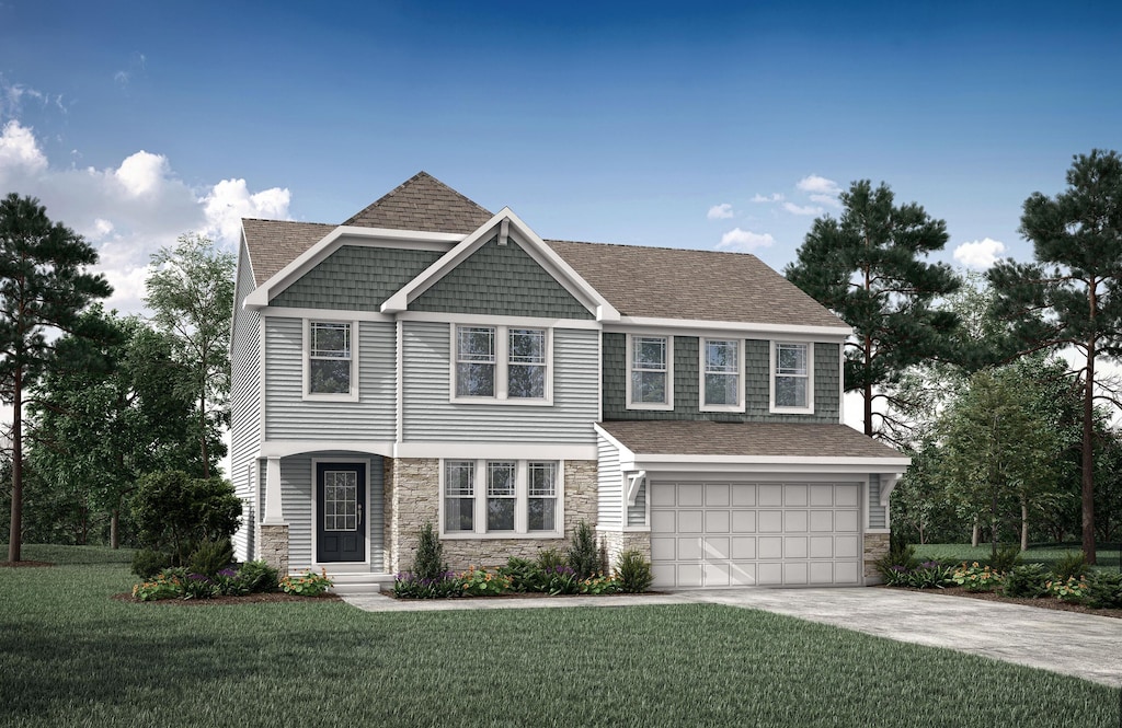 6685 Gordon Blvd, Union, KY 41091 - craftsman house with stone siding, a garage, a front lawn, and concrete driveway