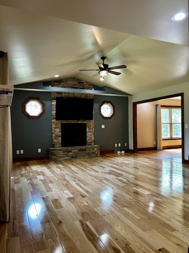 1756 Paxton Rd, Morning View, KY 41063 - unfurnished living room featuring ceiling fan, hardwood / wood-style flooring, lofted ceiling, and a fireplace