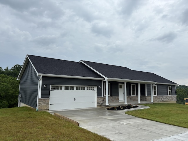 170 Saddlebrook Ln, Dry Ridge, KY 41035 - ranch-style house with a porch, a garage, stone siding, a front yard, and concrete driveway