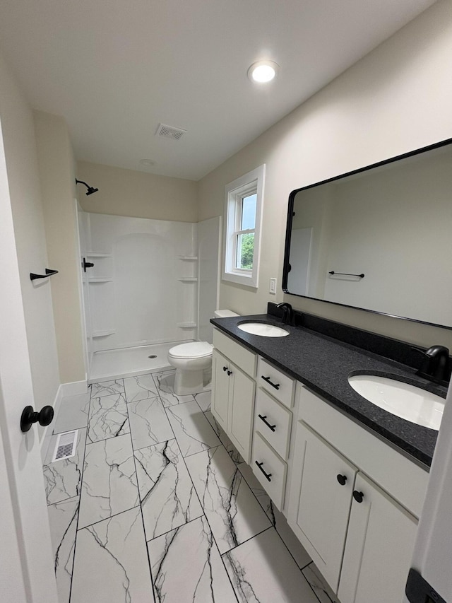 170 Saddlebrook Ln, Dry Ridge, KY 41035 - full bathroom featuring double vanity, a shower, marble look tiles, and recessed lighting
