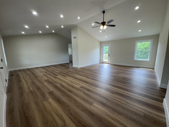 170 Saddlebrook Ln, Dry Ridge, KY 41035 - unfurnished living room with a ceiling fan, dark wood finished floors, vaulted ceiling, and recessed lighting
