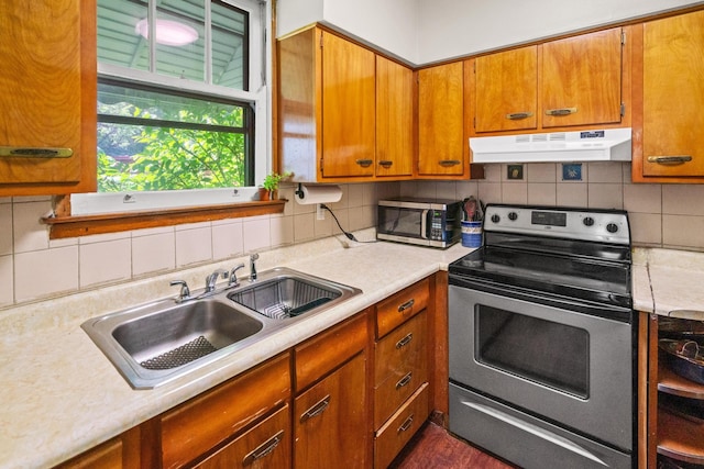 377 Linden Ave, Southgate, KY 41071 - kitchen with appliances with stainless steel finishes, under cabinet range hood, light countertops, and tasteful backsplash
