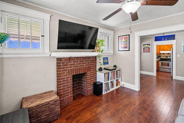 377 Linden Ave, Southgate, KY 41071 - living area featuring a fireplace, a ceiling fan, wood finished floors, and ornamental molding